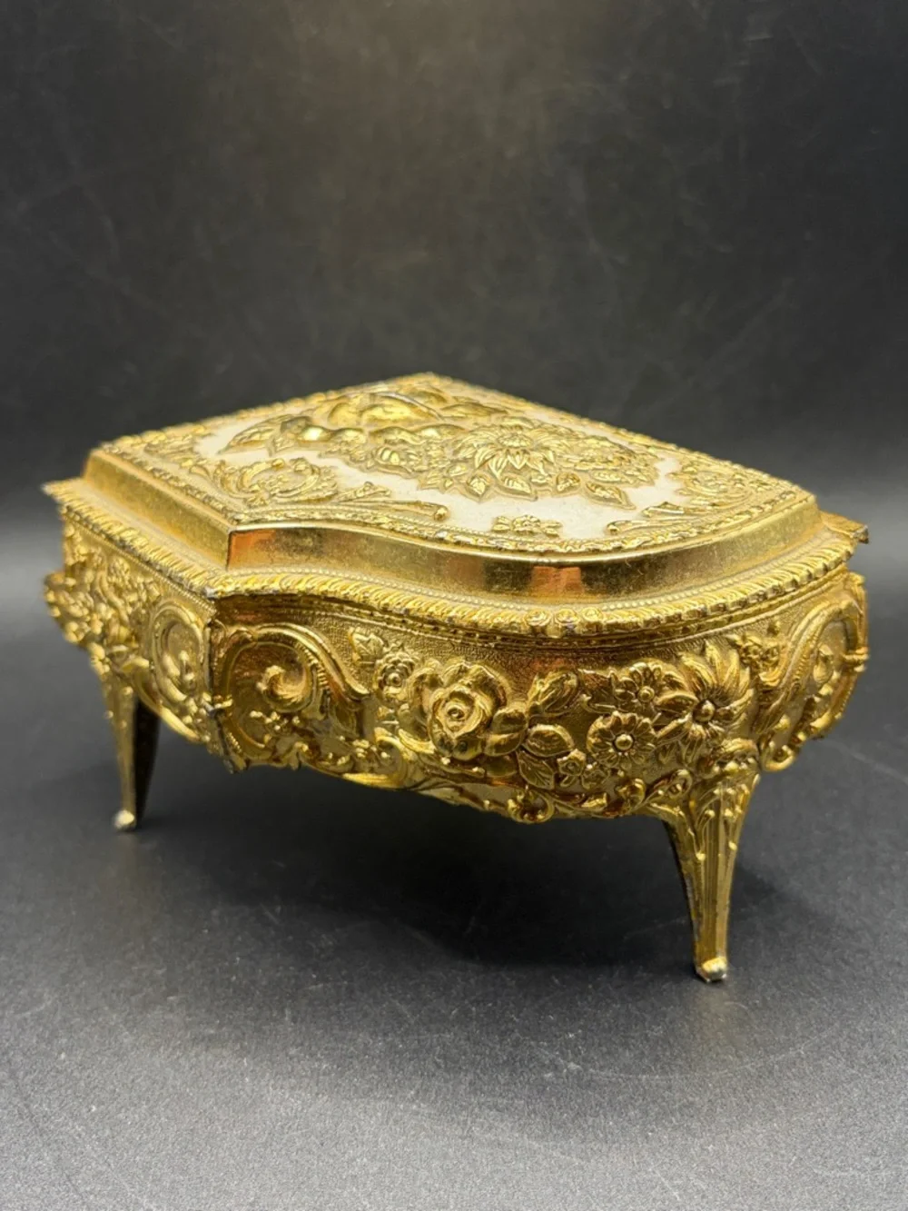 Vintage Grand Piano Gold Tone Rose Floral Hinged Jewelry Box Trinket Box, Japan